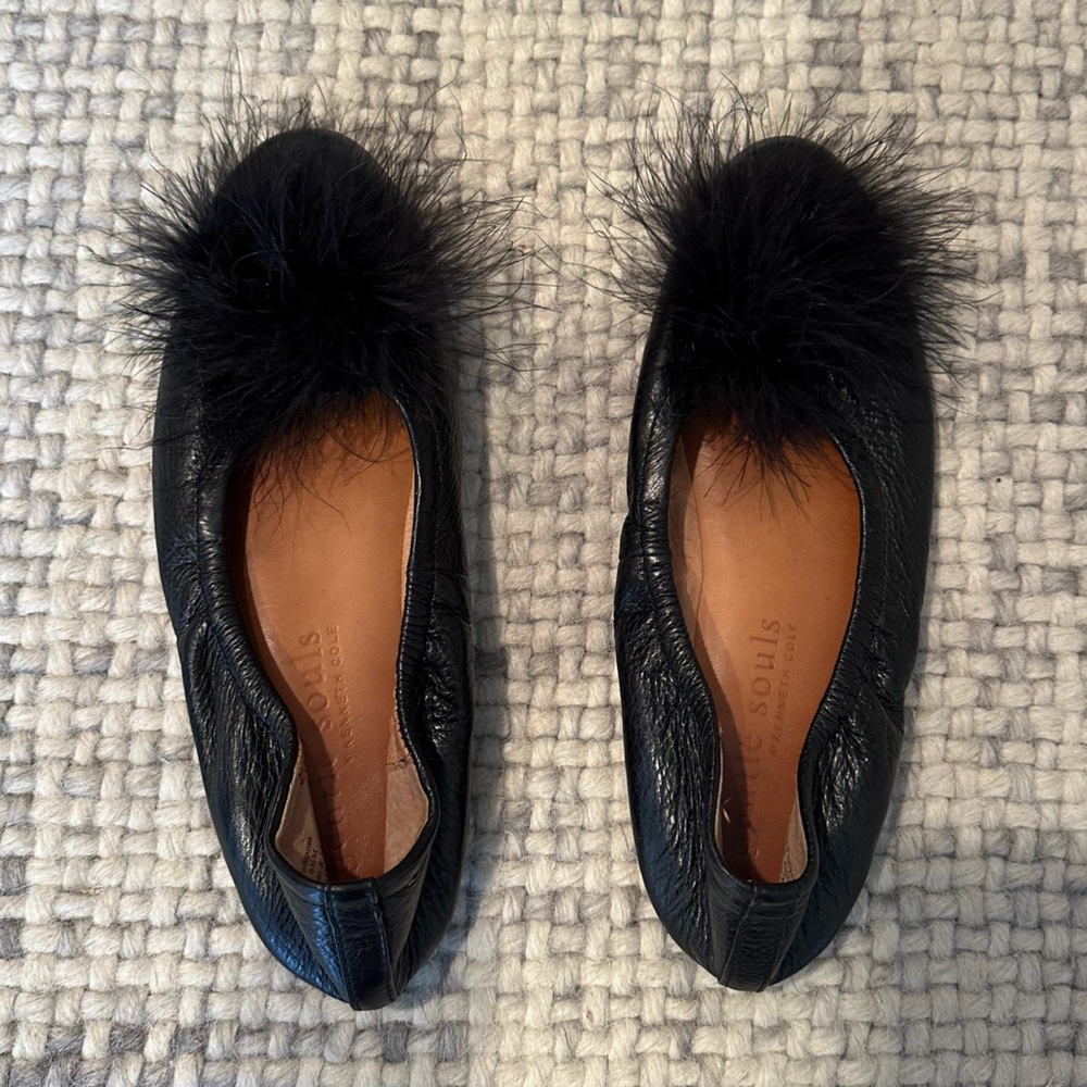 Black Leather Flats with Feather Pom Pom Size 6